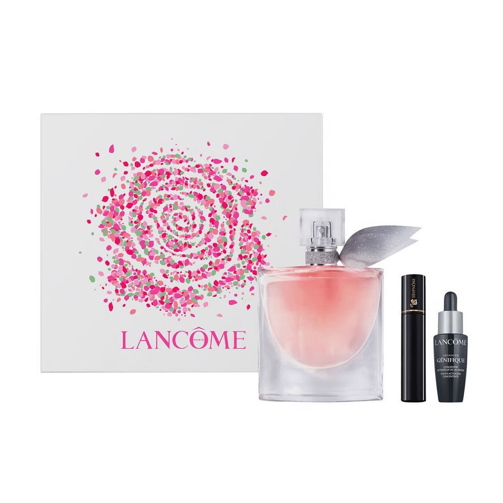 LANCOME LA VIE EST BELLE 3 PCS SET FOR WOMEN: 1.7 EAU DE PARFUM REFILLABLE SPRAY + 0.33 OZ ADVANCED GENIFIQUE + 2 ML HYPNOSE - 01 NOIR HYPNOTIC MASCARA VOLUME by LANCOME